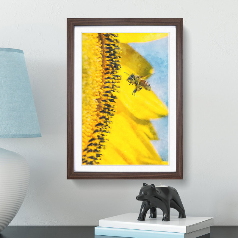 Busy Bee & Yellow Flower - Picture Frame Graphic Art Print, 33cm H x 24cm W x 2cm D, Walnut Framed