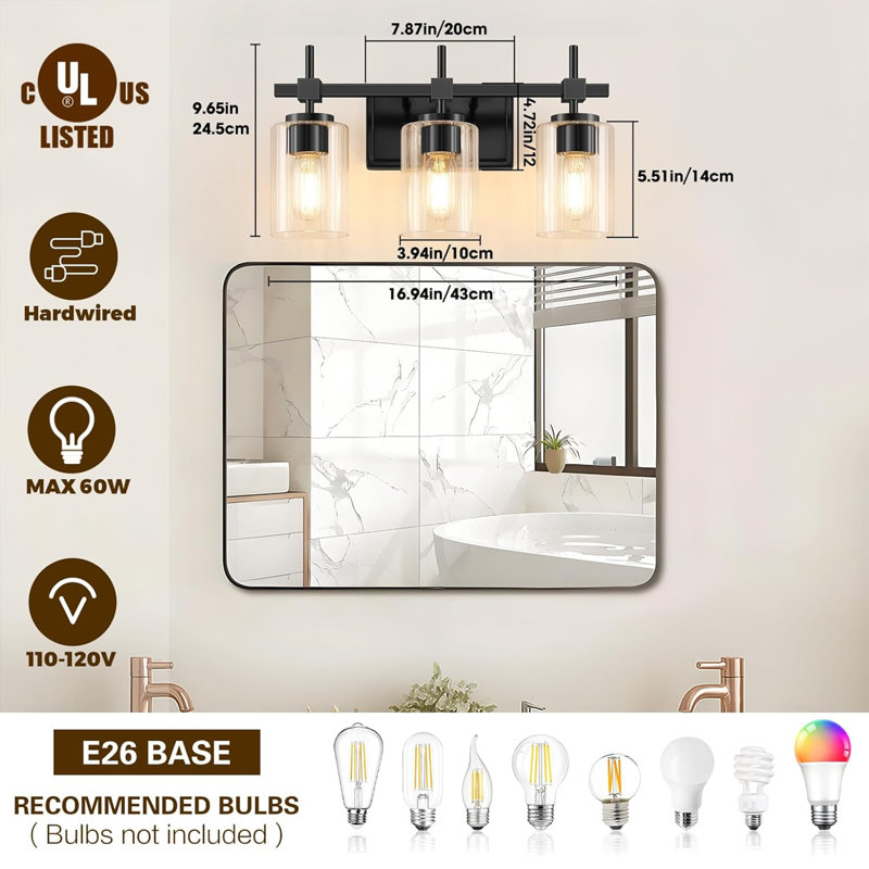 3-Lights Bathroom Vanity Lights with Clear Textured Glass Shades, Matte Black
