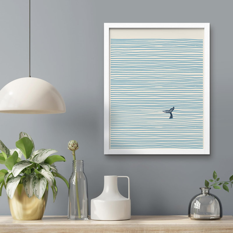 «Baleine solitaire, queue nautique rayée» sur papier, Blanc, H 14 po x l 11 po