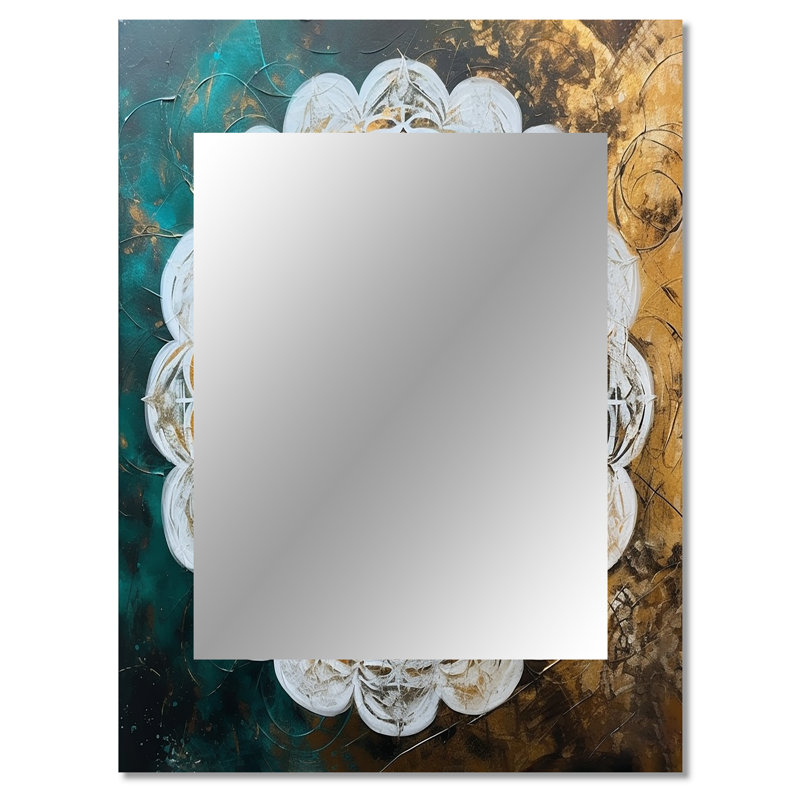 Grand sarcelle et or Mandala I - grand miroir mural Mandala Boho, miroir traditionnel unique, impression d'art en métal