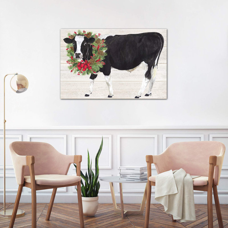 Christmas On The Farm III - Cow with Wreath 1 Piece Wrapped Canvas Painting, 66.04 cm H x 45.72 cm W x 1.91 cm D