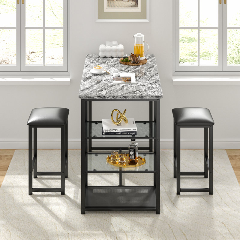Ligon 3-Piece Kitchen Bar Table Set with Faux Marble Top, Storage Shelves & PU Leather Stools — Small Space Dining Set
