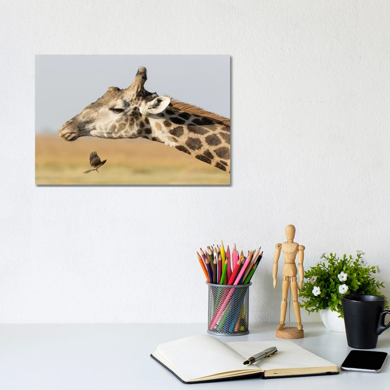 Africa, Botswana, Chobe National Park. Close-up Of Giraffe Neck With Oxpecker Bird. by Jaynes Gallery - Wrapped Canvas Print