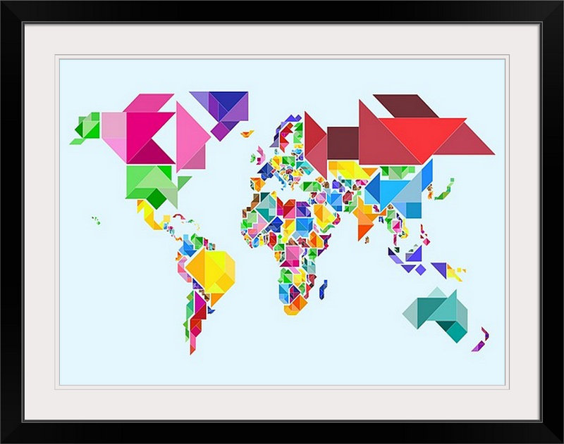 «Tangram Abstract World Map» par Francy, impression, H 35 po x l 44 po x P 1 po, Cadre noir