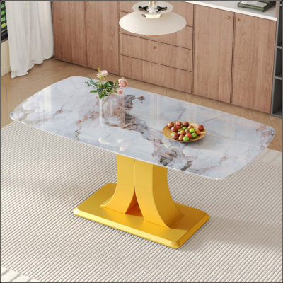 Table de salle à manger moderne et minimaliste avec dessus en verre imitation marbré et pieds en panneau de fibres à densité moyenne pour les cuisines et les salons élégants