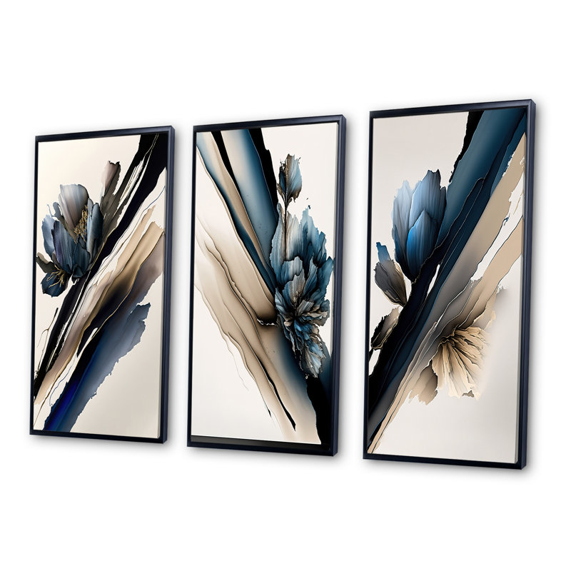 «Hyperrealistic Peony Flowers», 3 pièces sur toile, H 32 po x l 48 po, Noir