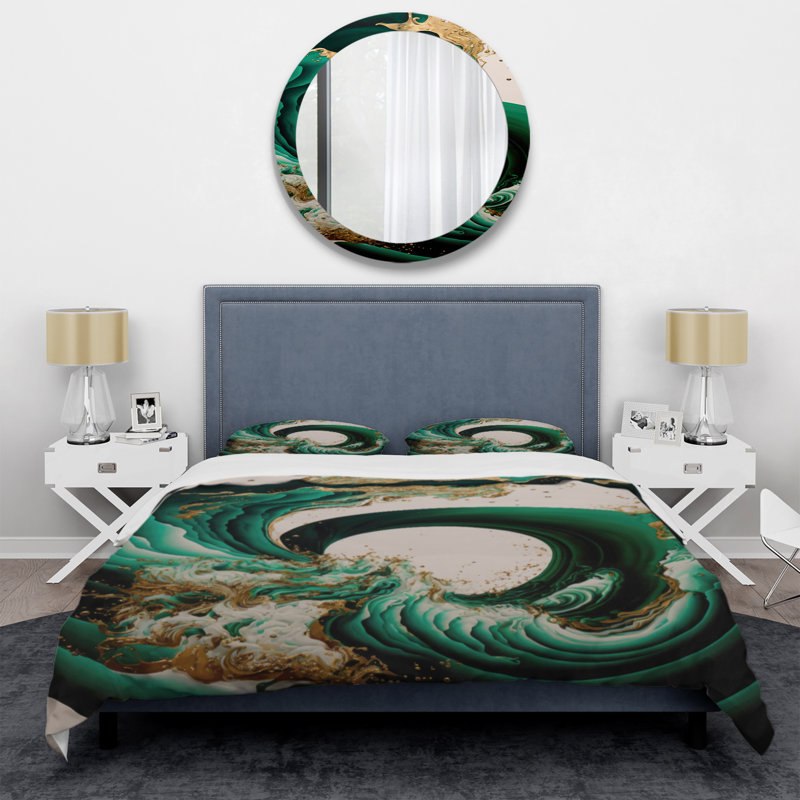 Ensemble de housse de couette Emerald Green and Gold Abstract Waves IV BeddingMicrofiber / Polyester