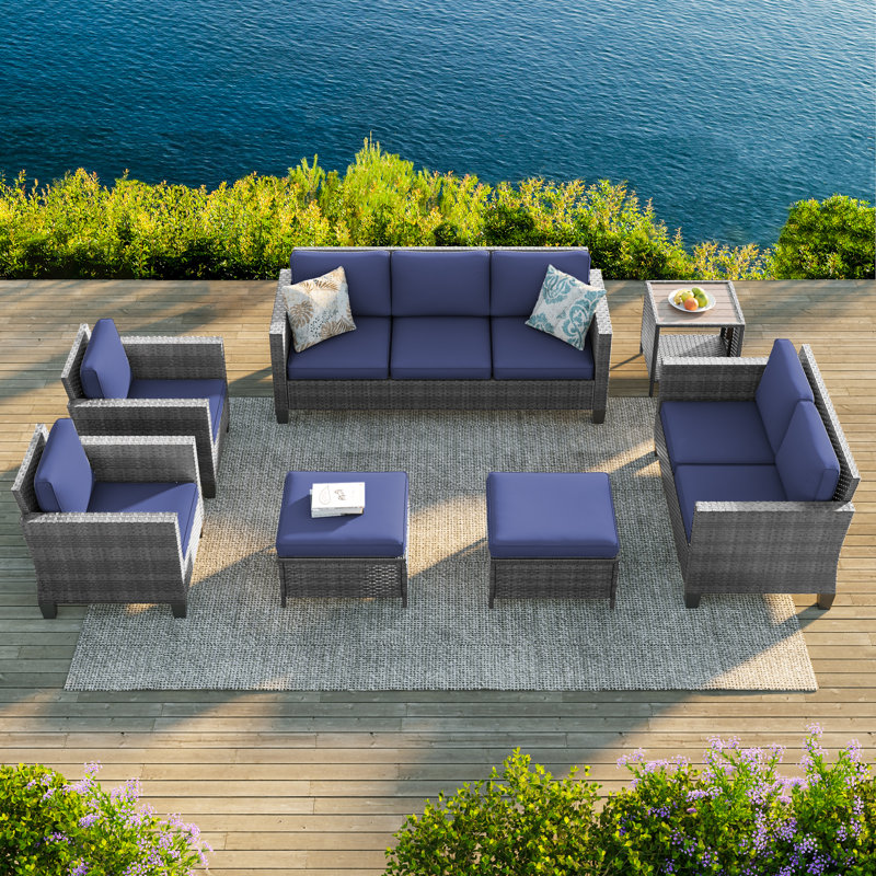 7 Pieces PE Rattan Furniture Set with Side Table and Patio Chair, Brown, Navy Blue