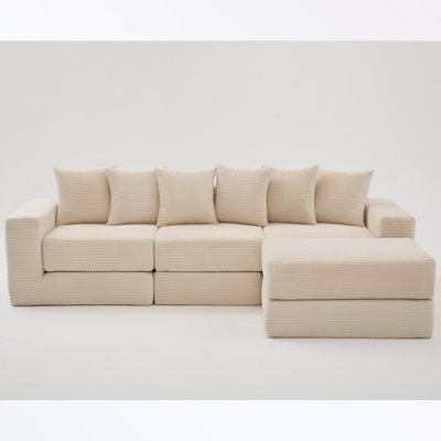 Corduroy Sectional Sofa with Deep Seat and Throw Pillows