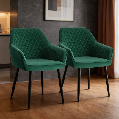 Upholstered Velvet Dining Chairs with Armrests & Diamond Tufting