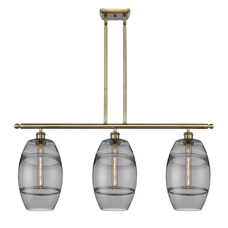 Luminaire suspendu pour îlot de cuisine 3 lumières Dundrod, Gris fumée clair, Laiton antique
