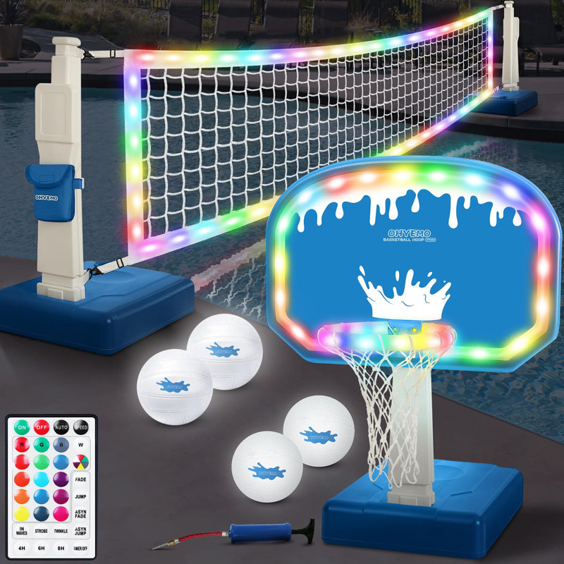 2-In-1 LED Pool Volleyball & Basketball Game Set, Light Up Pool Sport Combo Set With 14In LED Rim,4 Glow Balls, 2 Base, Pump, For Adults & Family