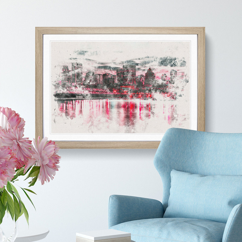The Montreal Canada Skyline - Picture Frame Painting Print, 24cm H x 33cm W x 2cm D, Oak Framed