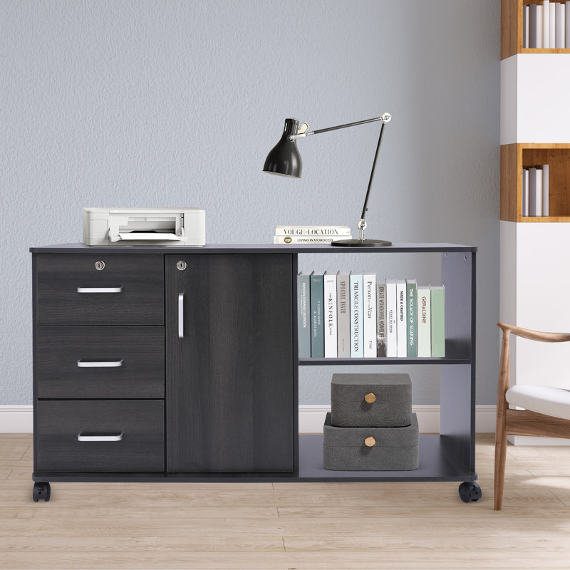 Mobile Freestanding File Cabinet For Home Office With Lock, Matte Black