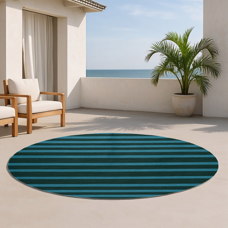 Tapis intérieur / extérieur bleu HorizontalStripes, Rond 5 pi