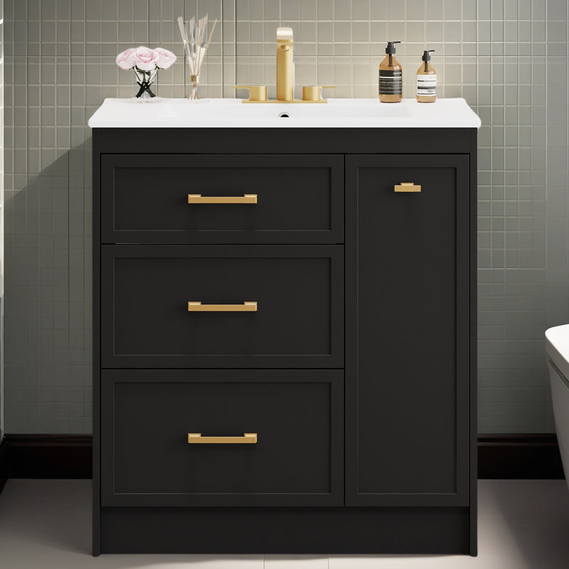 Ensemble de meuble-lavabo classique de 30 po, au sol, avec trois tiroirs, dont un tiroir à double couche, avec de longues poignées dorées - parfait pour les petites salles de bain