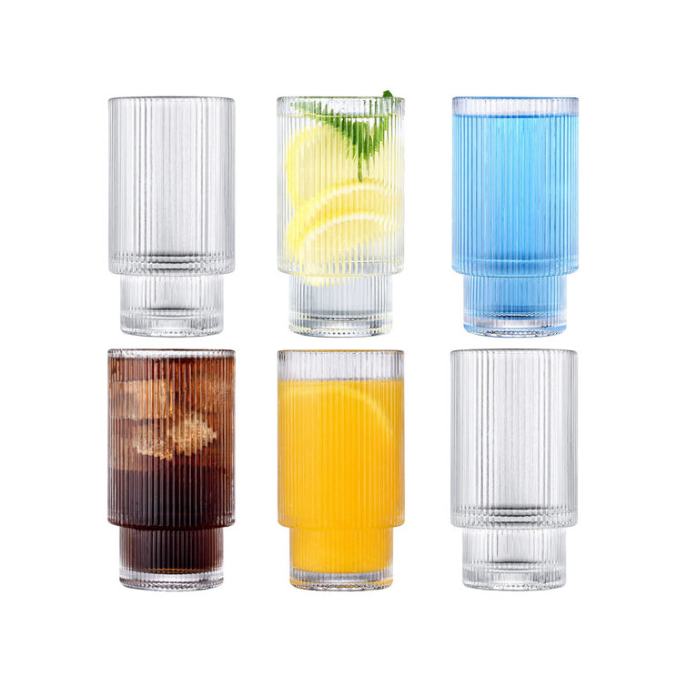 Drinking Glasses-Ribbed Glassware Drinking Glasses with Straws,Vintage  Fluted Glassware Iced Coffee Cups,Origami Style Ridged Glass Tumbler for  Coocktail,Whiskey,Beer,Water 
