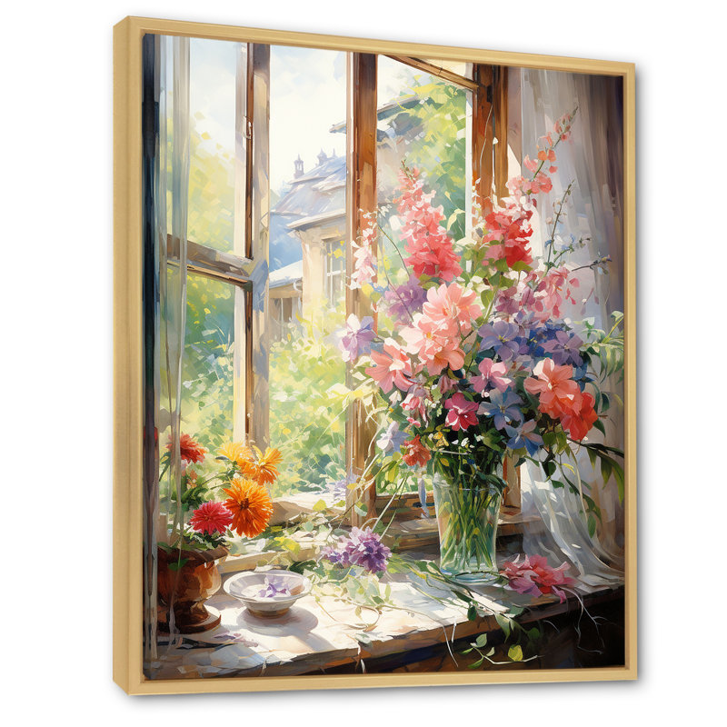 «Green French Window View II», art mural floral, H 32 po x l 24 po x P 1 po, Cadre flottant brun