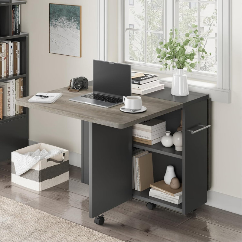 Table de salle à manger à rallonge rabattable avec tablette de rangement à 2 niveaux et 6 roulettes verrouillables, pour 4 à 6 personnes, bureau pliable peu encombrant pour la cuisine, la salle à manger et le petit appartement, gris Carlo