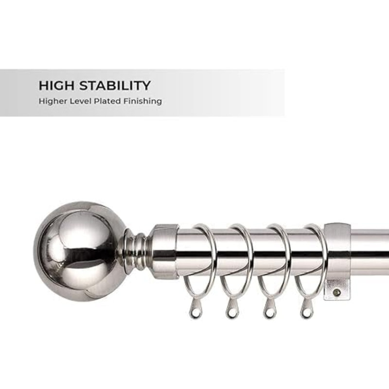 Aspire Homeware Adjustable Plain Metal Ball Curtain Rod With Hardware Accessories, Brushed Silver, 120cm – 210cm