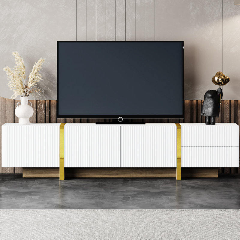 80" Tv Entertainment Stand, White With Fluted Panels And Golden Legs Cabinet Decoration: White, Legs, Storage Options