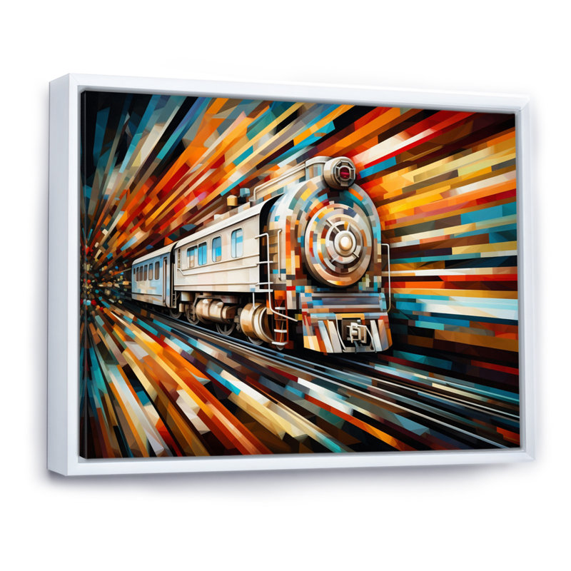 " Abstract Train Geometric Express I ", White Floater Framed, 24" H x 32" W x 1" D