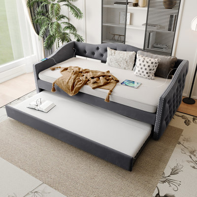 Twin Upholstered Daybed In Gray Velvet, Trundle For More Room To Sleep, Charging Design, Wood Slats Support, Mid - Century Design With Back And Waved Arms, Bedroom Charging, Velvet Upholstery, Slat
