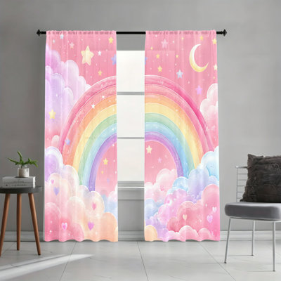 2Pcs Whimsical Rainbow Cloud Style Decor Light Filtering Curtains, Dreamy Pink Sky Rainbow Star Moon Printed Window Drapes, Rod‑pocket Style, Suitable for Living Room, Bedroom, Dining Room, Study Room, Aesthetic Home Decoration
