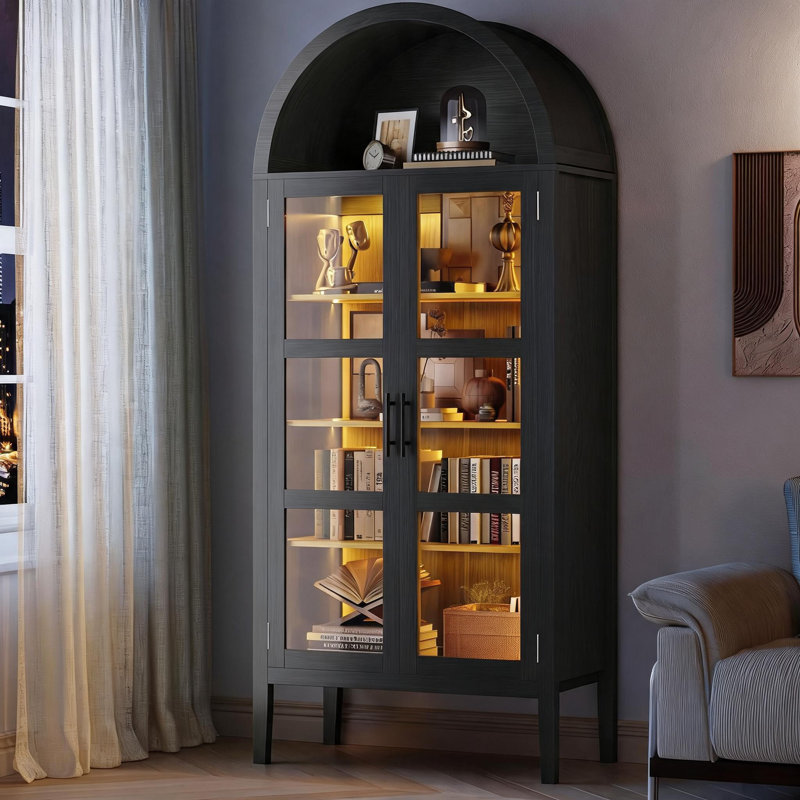 Grand garde-manger arqué de 71 po avec lumières DEL, armoire de rangement de style campagne moderne avec tablettes ouvertes et réglables
