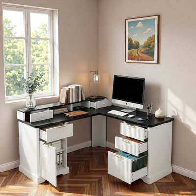 Modern Fluted L-shaped Desk With Charging Station, Storage Cabinet, Monitor Stand, File Drawer And Removable Support Shelf