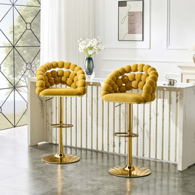 Tabouret de bar pivotant en velours de luxe avec dossier à bulles et structure en métal doré pour îlot de cuisine moderne