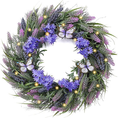  Couronnes de lavande d'été pour porte d'entrée avec lumières, couronne florale artificielle avec baies de campanule mauve et papillon pour la maison