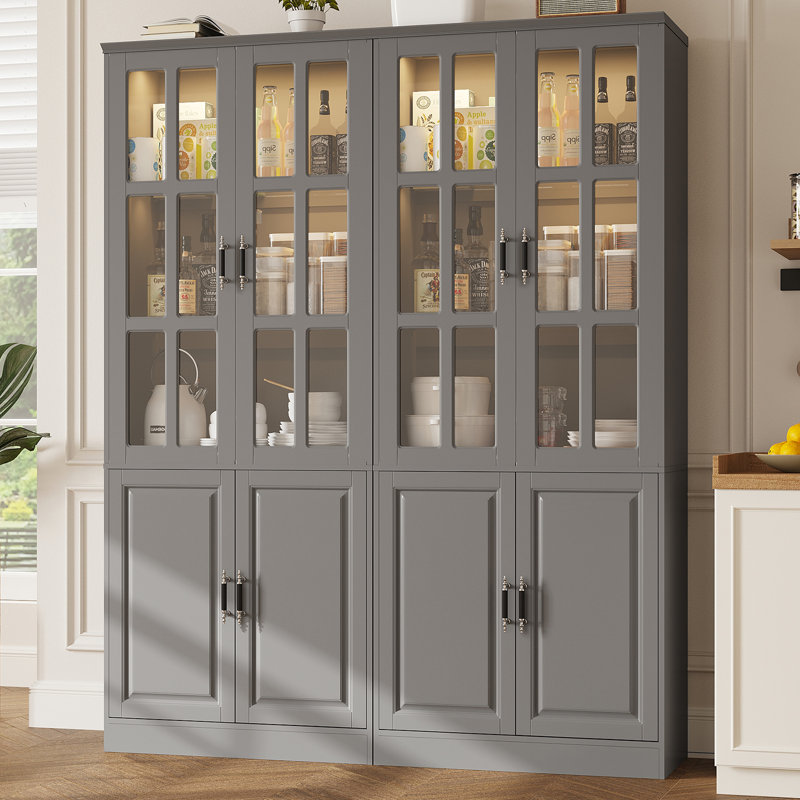 Armoire de rangement de cuisine avec lumières à DEL, hauteur de 78,7 po avec portes et tiroirs en verre, armoire utilitaire autoportante (l 31,5 po x P 15,7 po)
