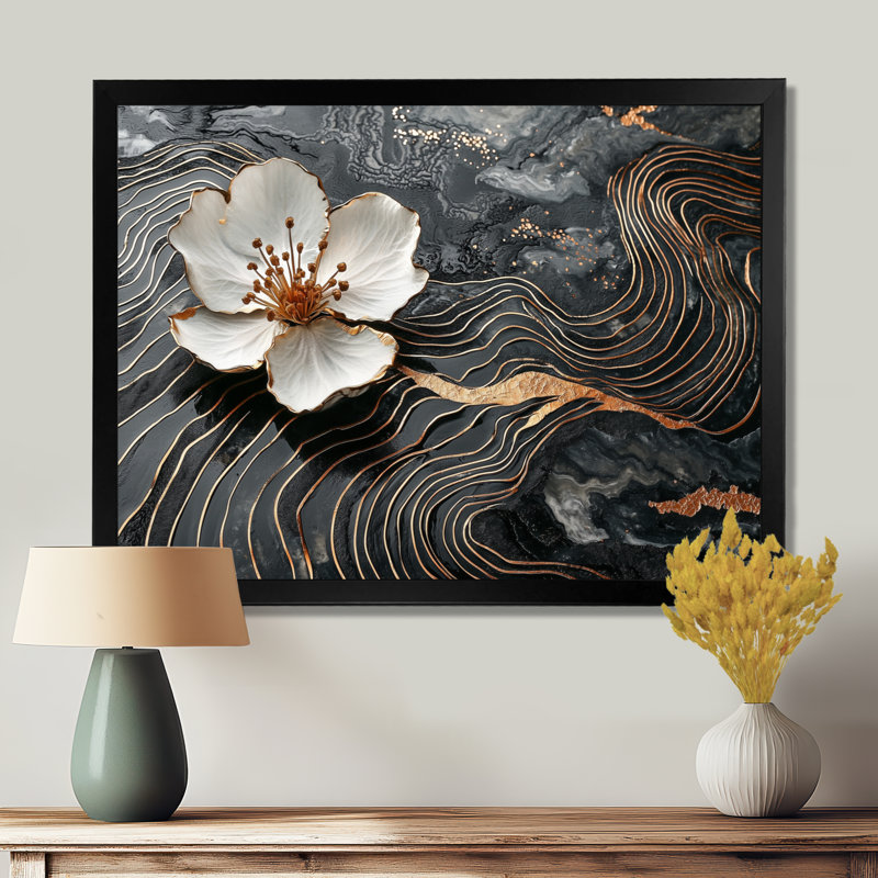 Fleur de pommier dans une rivière à encre noire et dorée - Art mural fleur de pommier, Cadre simple, Noir, H 12 po x l 20 po