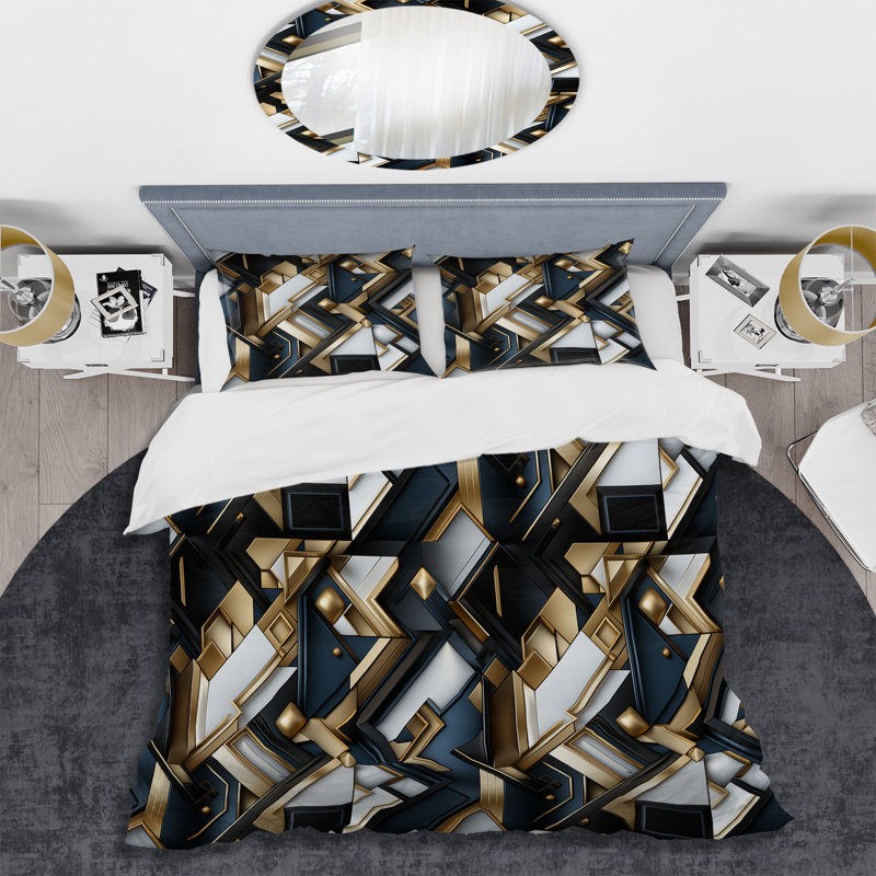 Ensemble de housse de couette géométrique noir et or Retro Mosaic Perspectives II - microfibre de polyester