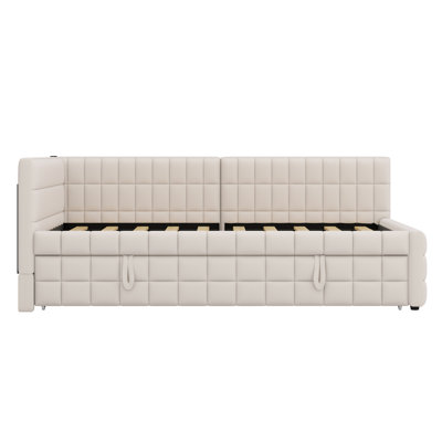 L-Shaped Upholstered Daybed With Pop Up Trundle And USB Ports