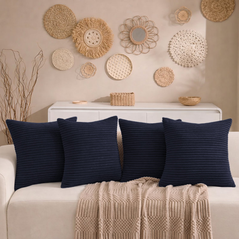 Aspire Homeware Striped Square Velvet Cushion Cover, Navy, Pack of 4