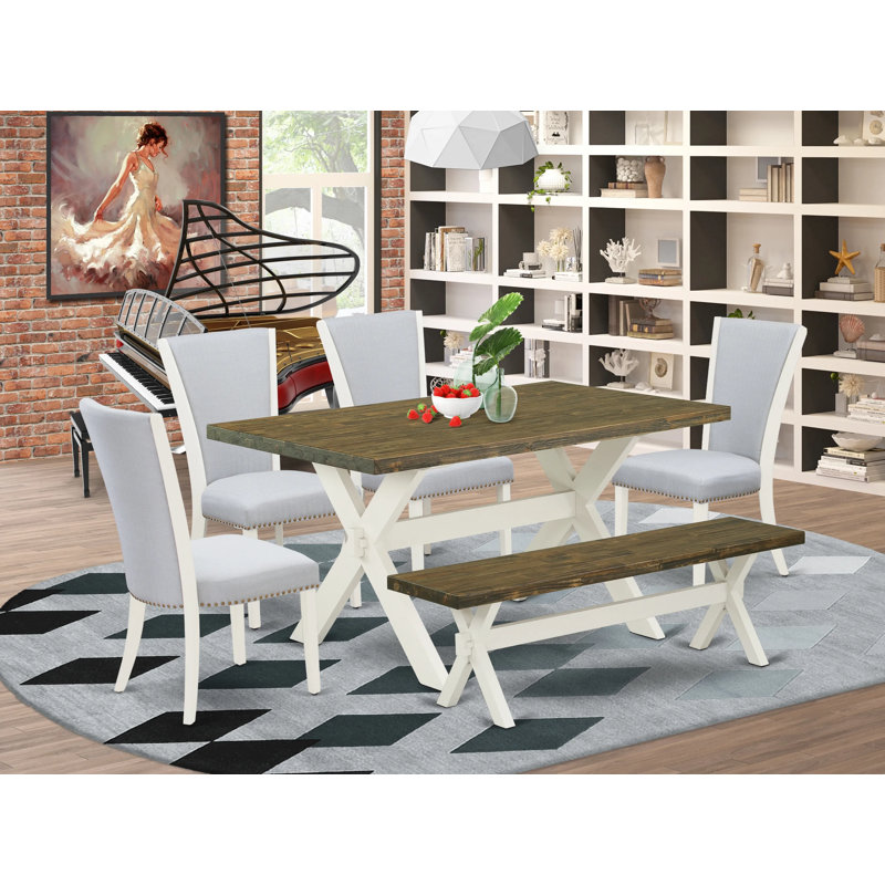 6 Piece Kitchen Table Set Contains a Rectangle Dining Table with X-Legs and 4 Grey Linen Fabric Parson Chairs with a Bench, linen white Finish