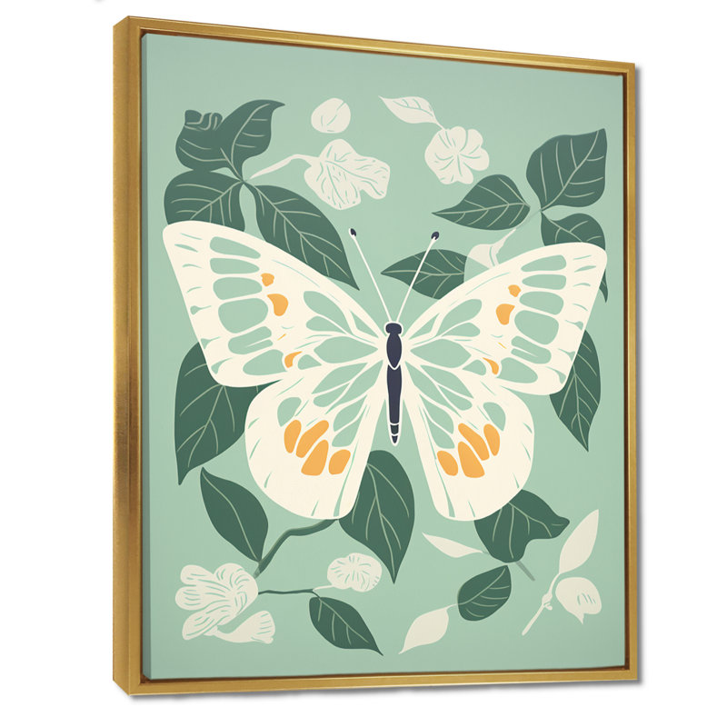Papillon, ailes blanches sur fond vert - reproduction d'art mural papillon, Toile avec cadre doré
