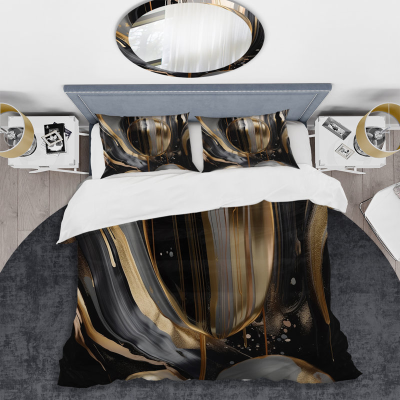 Twin Gold and Black Abstract Marble Microfiber Duvet Cover Set