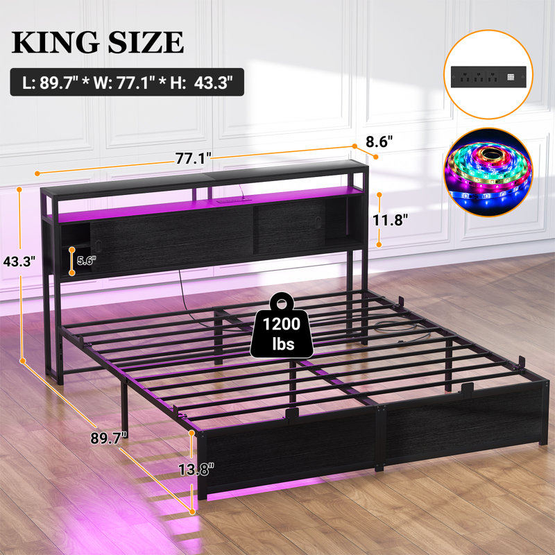 Storage Bed with Sliding Doors, LED Lights & USB Charging Station, King, Black