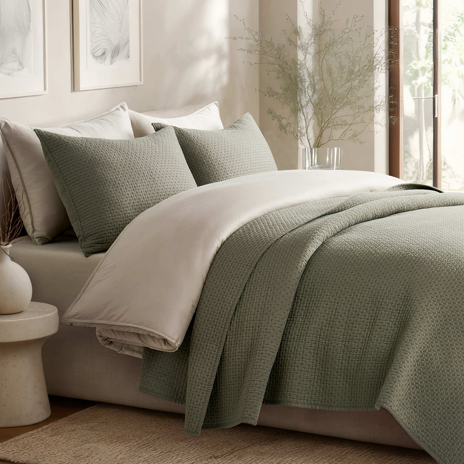 Cotton Sateen Quilt Set, Eucalyptus Green, Queen Quilt + 2 Standard Shams