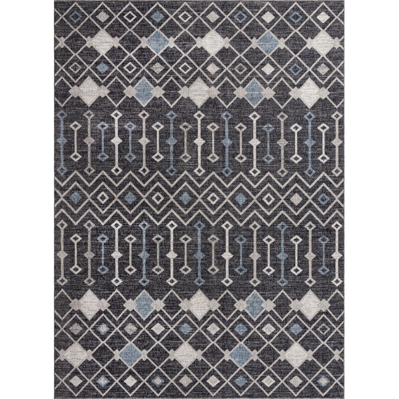 Abstract Area Rug in Charcoal Gray-Light Blue, Rectangle 10' x 13'