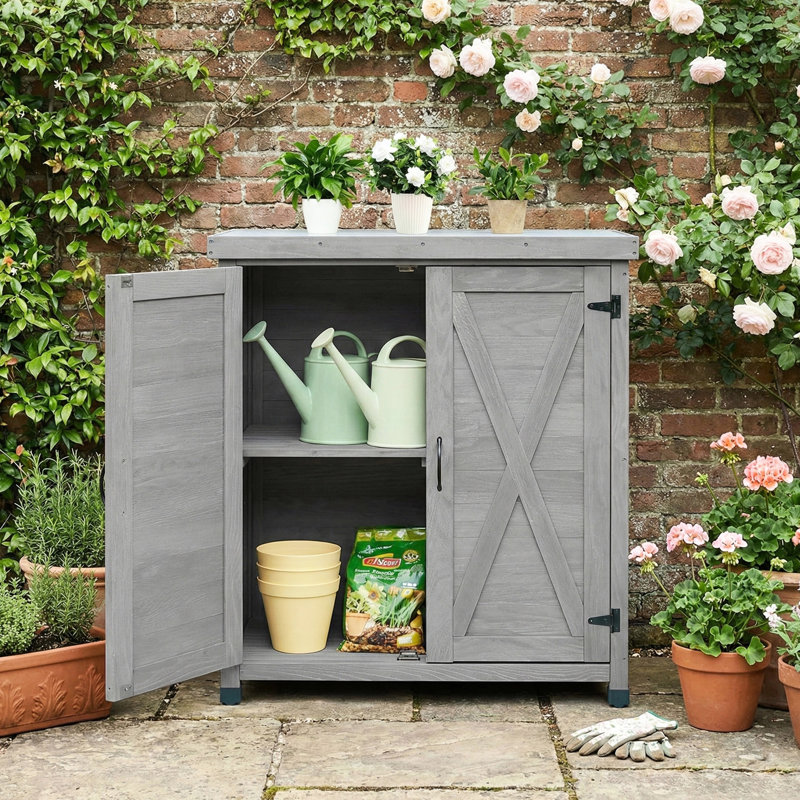 Potting Bench, Gray Hemlock Wood With Metal Table And Storage, Design, Adjustable Footpad, Ideal For Yards, Porches