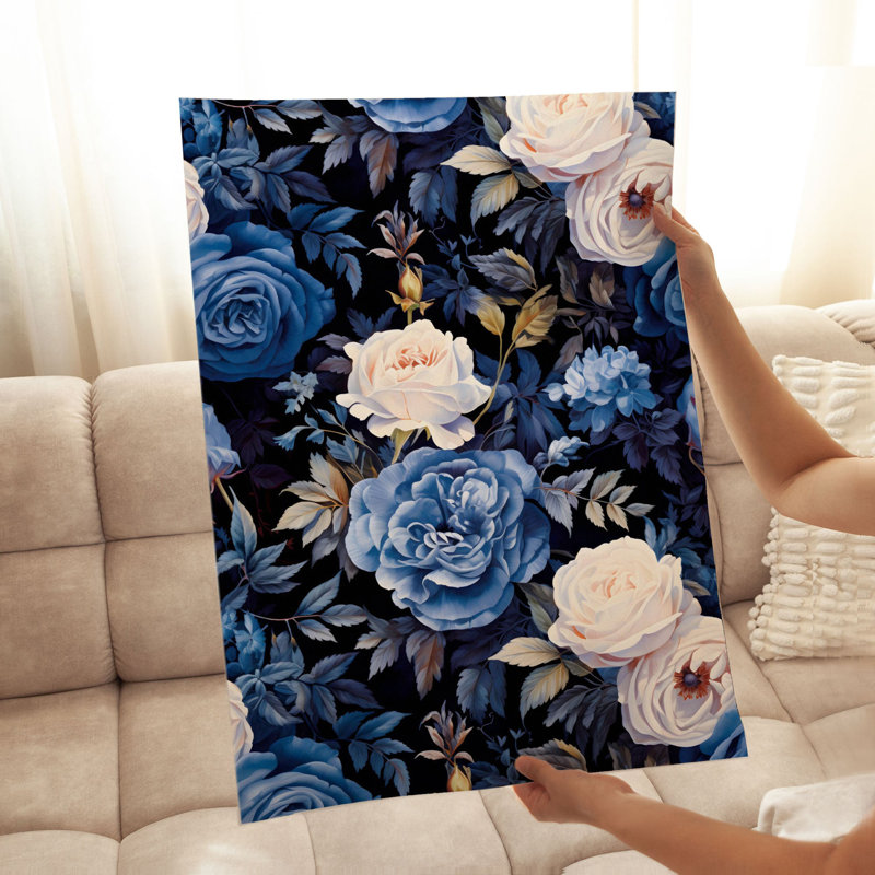 Motif floral bleu marine et floral II, H 30 po x l 20 po