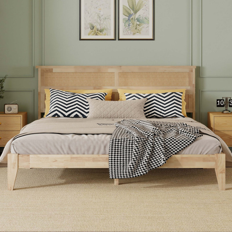 Solid Wood Bed with Rattan Headboard,Rubber Wood Bed with Central Support Beams and Enhanced Feet,Natural, King