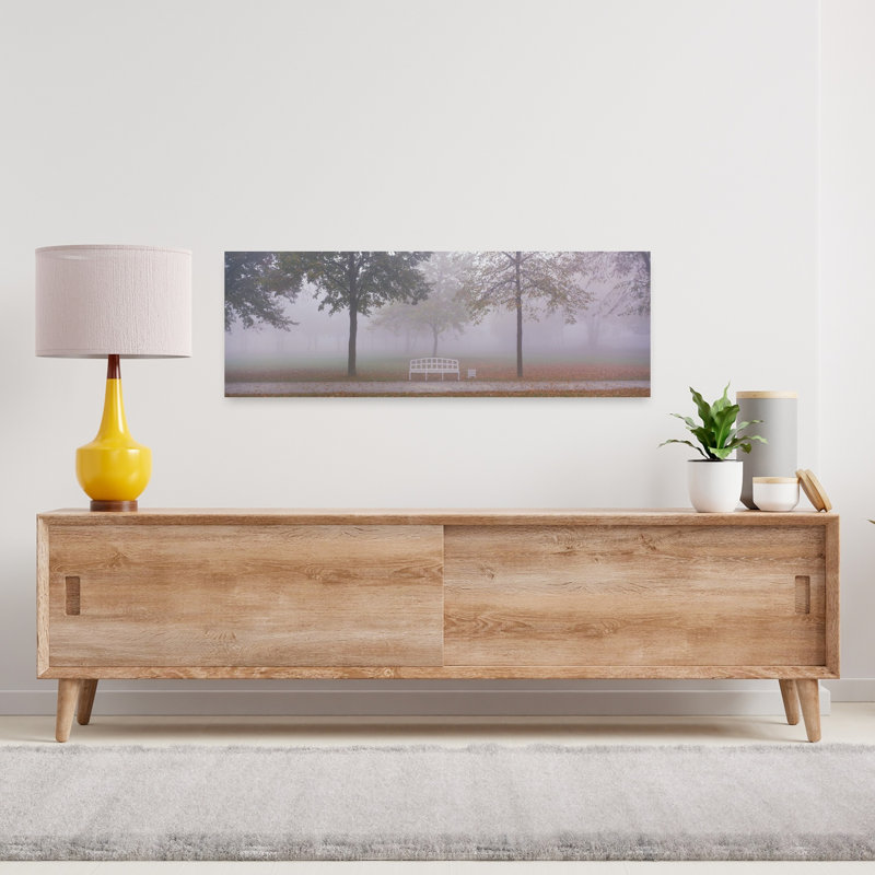 Arbres et banc dans le brouillard, Schleissheim, Allemagne, paysage pacifique abstrait contemporain, art mural