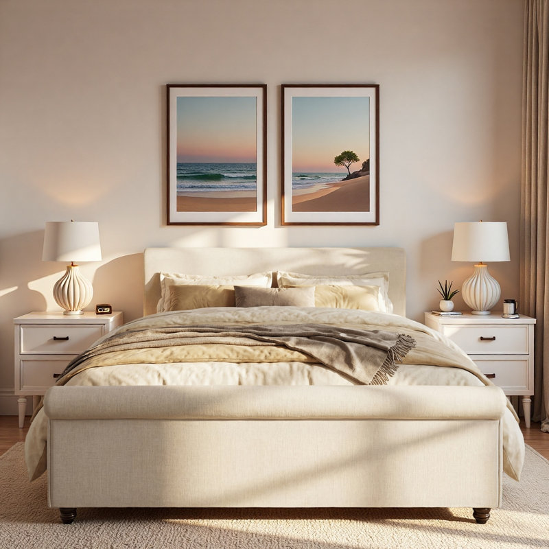Lit rembourré avec bords roulés épais, pieds ovales à double couche rétro et tête de lit robuste, Beige, Très grand lit