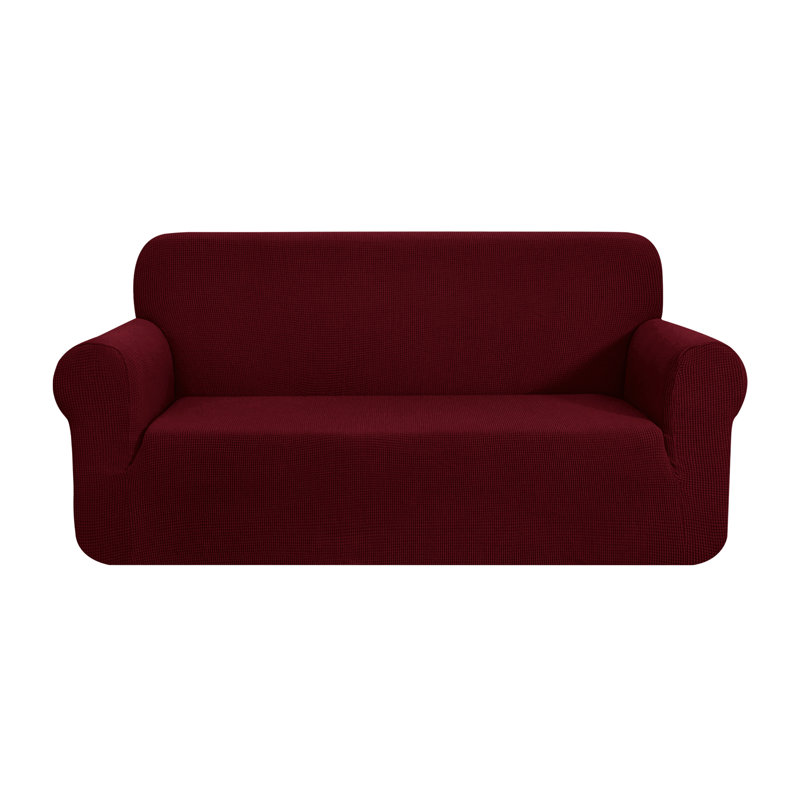 1 Piece Jacquard Spandex Stetch Box Cushion Loveseat Slipcover, Wine