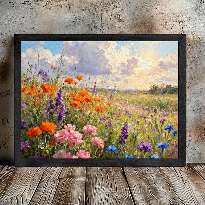 Black Framed Impressionist Wildflower Field Wall Art - Vibrant Floral Landscape Decor Framed Prints, 17" H x 13" W